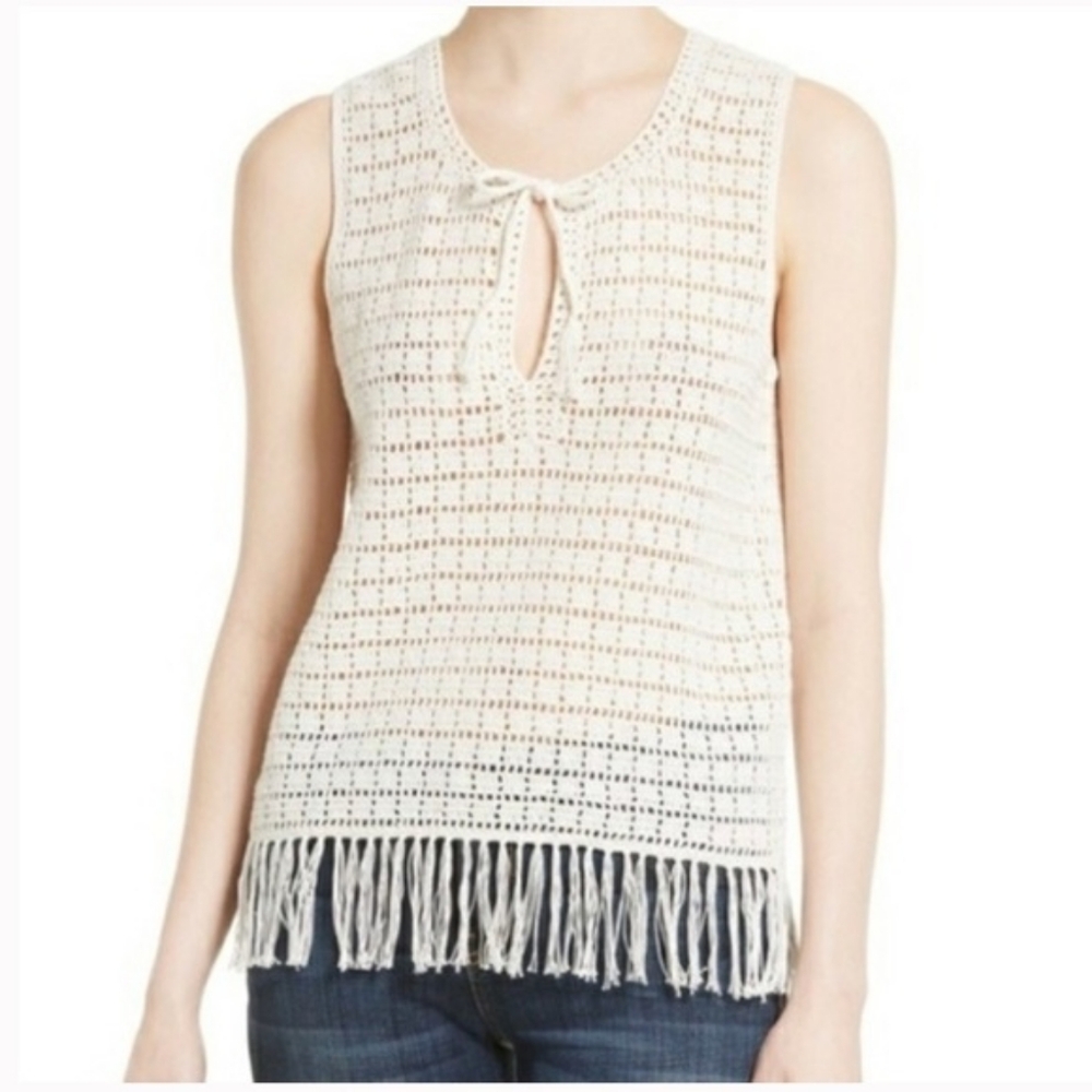 EUC Joie "Analia" Tie Neck - Porcelain - Knit & Fringed Crochet Top - Small